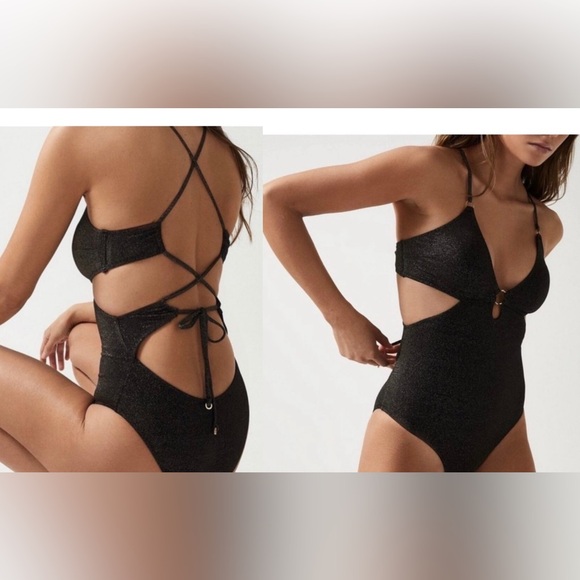 Reiss Matilde Metallic Cross Back Cut Out Swimsuit - Picture 1 of 3